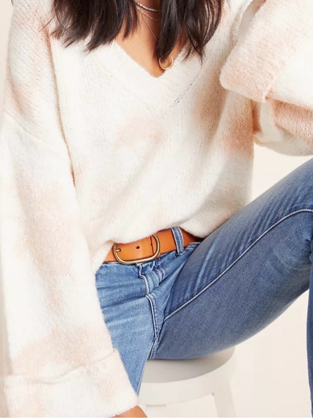 Anthropologie Maggie Bell Sleeve Cream Blush V-Neck Knit Sweater Boho MP